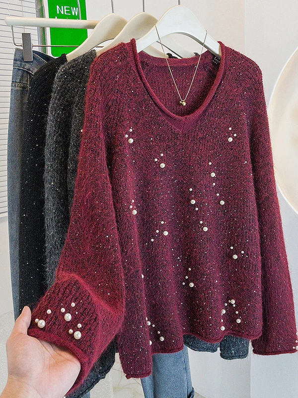 Heavy Embellished V-Neck Knitwear Sweater Women's Spring Autumn plus Size Beautiful Shiny Unique Slimming Top Korean Style