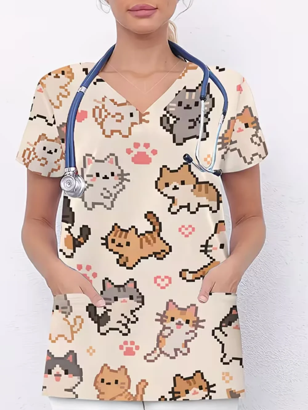 uniforme-medico-feminino-com-estampa-de-gato-em-desenho-animado-blusa-clinica-com-decote-em-v-manga-curta-e-bolso-aplicado-uniformes-cirurgicos-para-mulheres