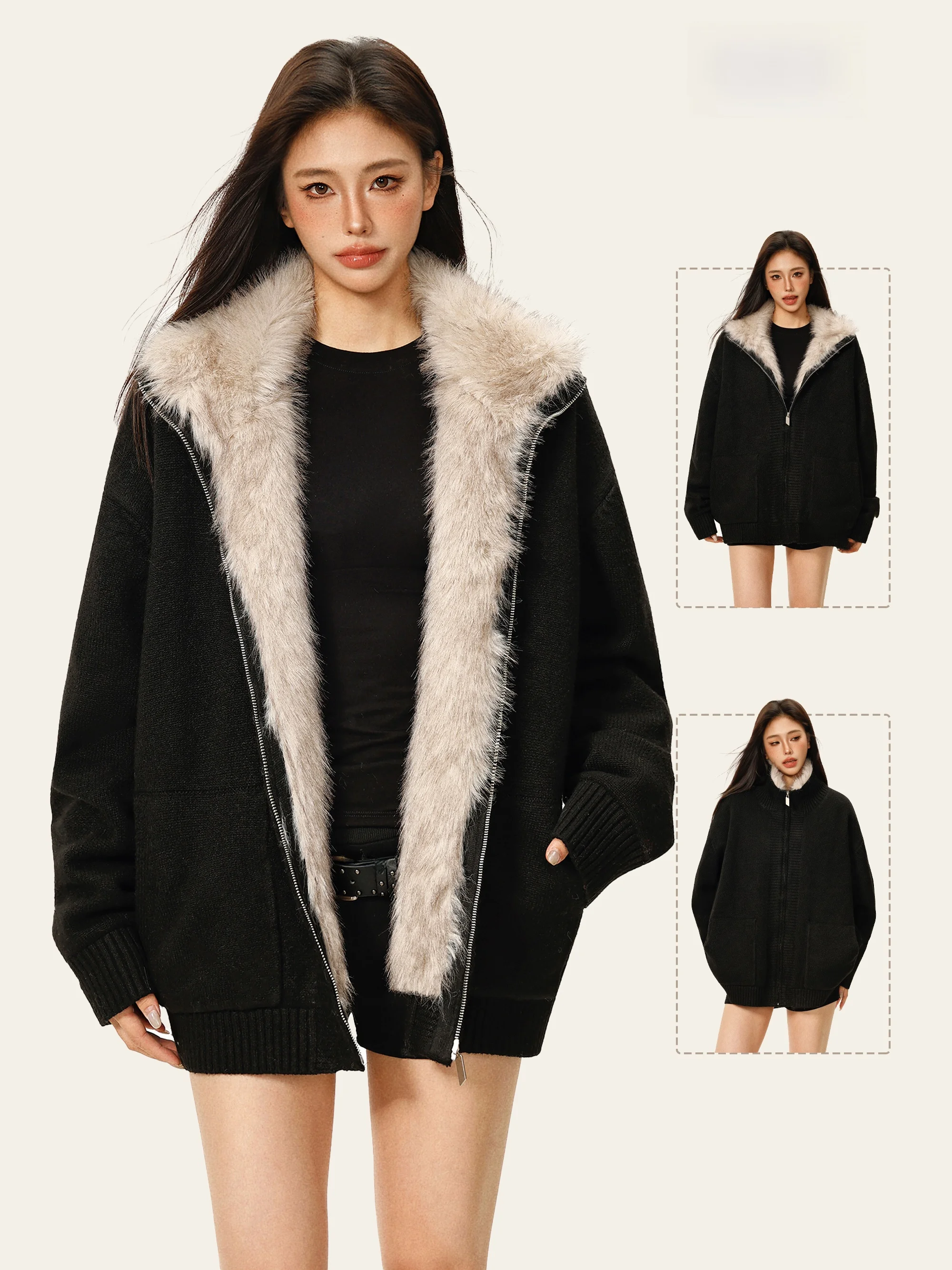 

LmziHei Vintage Bla Fce Lined Thiened Loose Women's Sweater Coat Autumn Winter Open Cardigan Sle Comfortable Outerwear