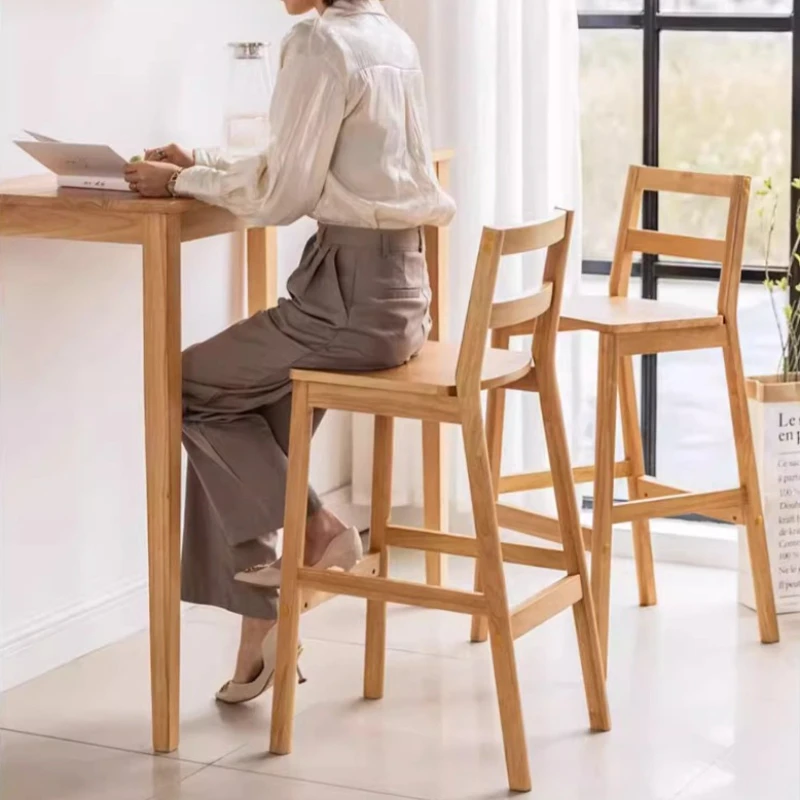 Kursi Bar Tinggi Modern Nordik dari Kayu Solid dengan Sandaran untuk Kedai Teh Susu, Kursi Resepsionis, Furnitur Dapur Minimalis