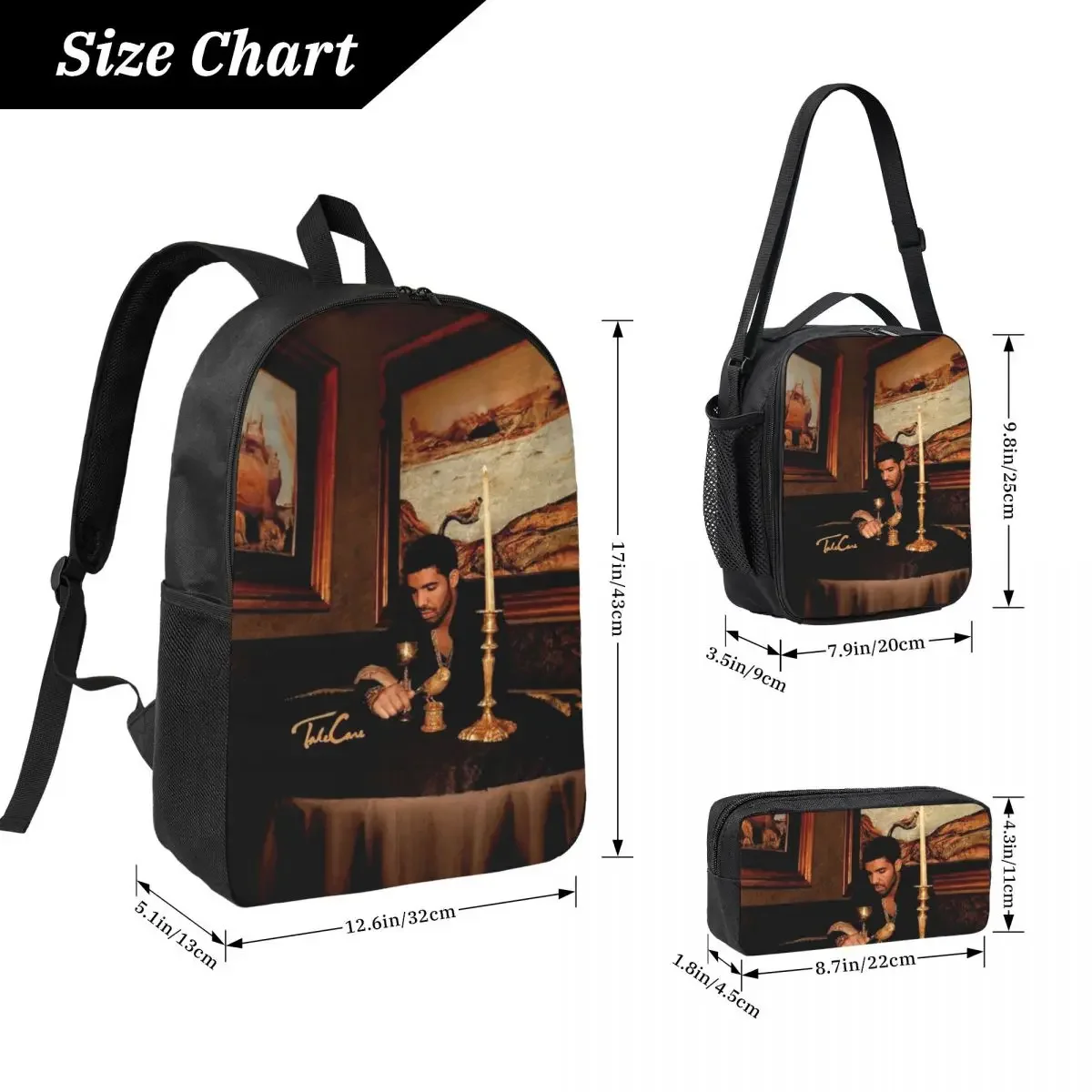 Hip Hop Rapper Drake Take Care Album Backpack BookBag School Bag Computer Shoulder Bags 3ps Insulated Lunch Bag Pencil Case