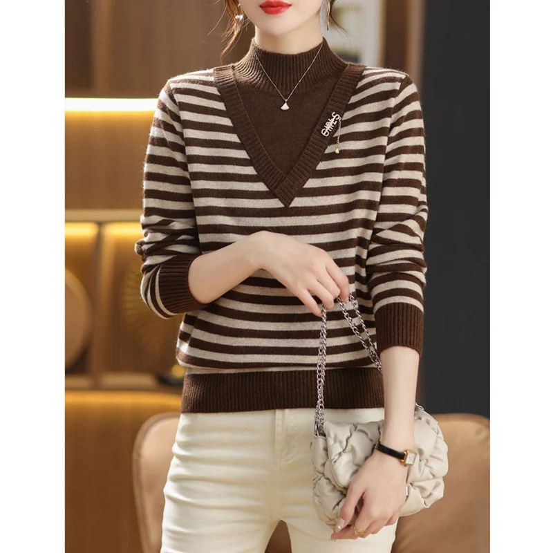 

Autumn Winter KPOP Fashion Style Harajuku Slim Fit Tops Women Casual All Match Undershirt Insert Stripe Long Sleeve Sweaters