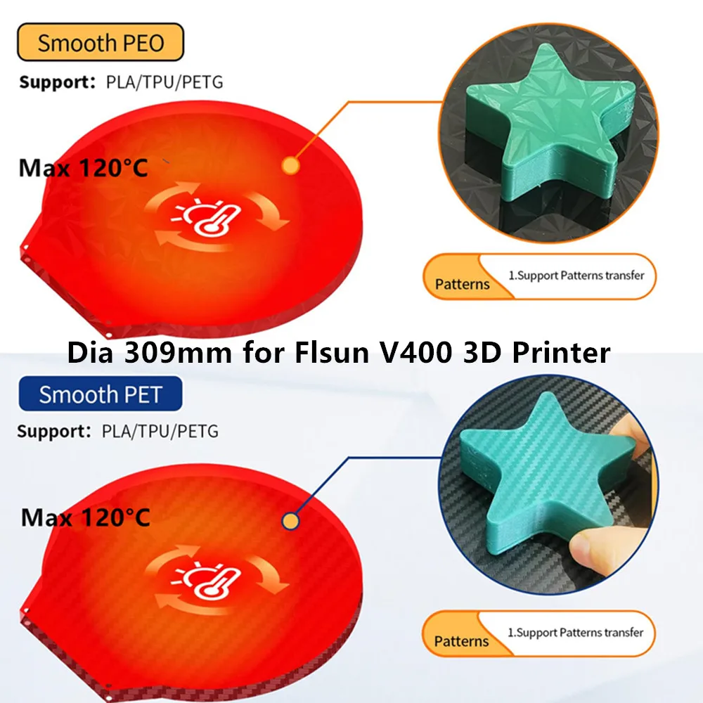 Round 309mm Flsn V400 Build Plate Double Sided Textured/Smooth PET PEO PEI Sheet Spring Steel Flexible Magnetic Print Bed
