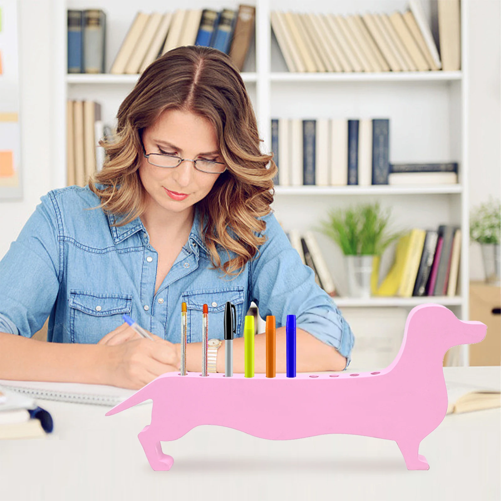 

Cute Dachshund Crayon Holder Pink Paint Brush Storage Rack Kids Wooden Pencil Organizer Desk Supplies Student Art Tool Toy Box