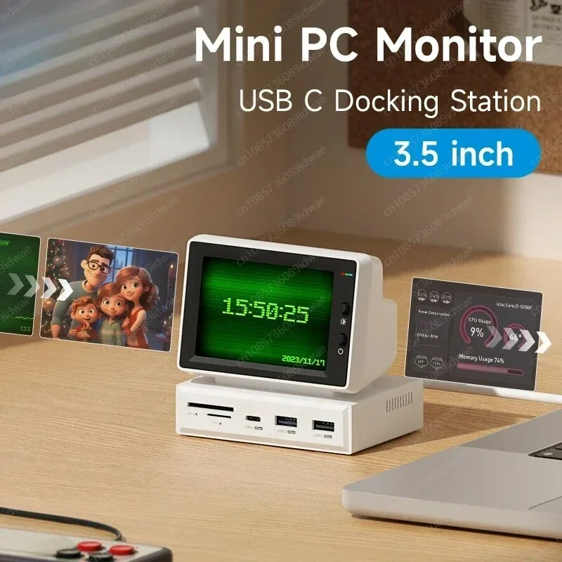 3.5inch IPS Mini Screen AIDA64 Mini PC CPU RAM HDD Data Monitor Display Sub Screen with USB C Hub for Laptop PC MacBook