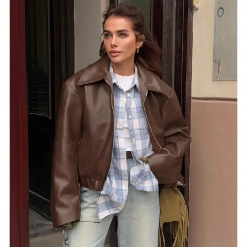 Vintage Burgundy Leather Bomber Jacket Women Long Sleeves Zippers Crop Matte PU Female Coat 2026 New Loose Ladies Streetwear