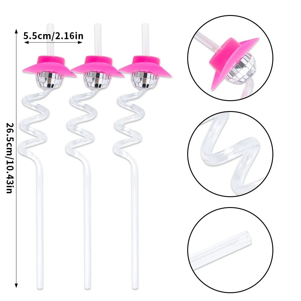 Afbeelding 4: 6/8 Stuks Roze Discobal Swirly Rietjes Set Cocktail Rietjes Disco Bachelorette Decoraties Groovy 70S Disco Verjaardagsfeestje levert