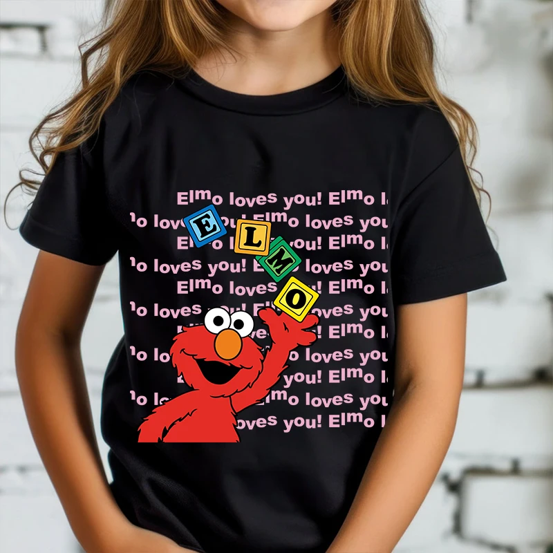 Sesame Street printed kids T-shirt black top pure cotton short sleeves personalized gift for girls