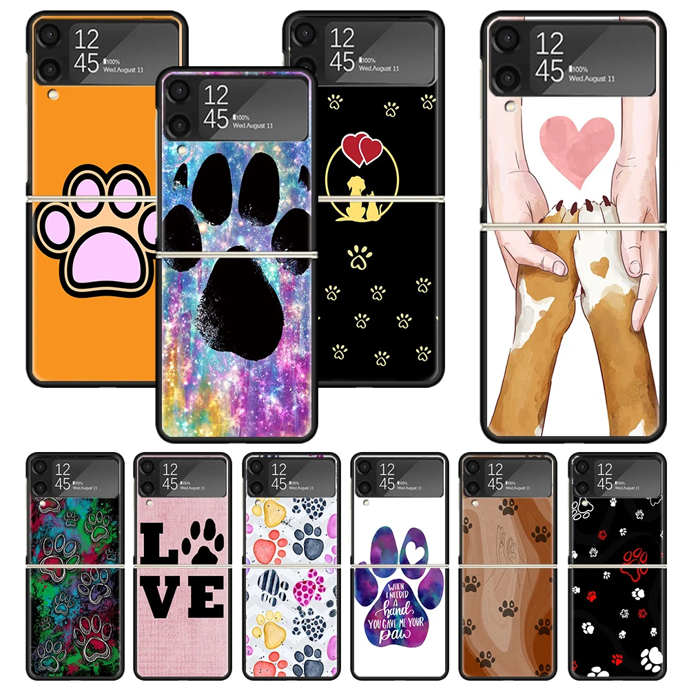 Dog Footprint Paw Cute Print Case For Samsung Galaxy Z Flip 3 4 5 6 5G Phone Shell ZFlip6 Flip5 Flip4 Flip3 Pattern Black Hard C