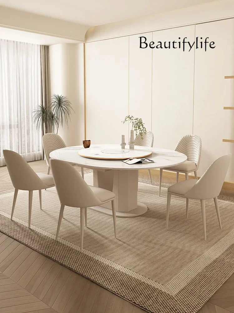 N36 French rock slab dining table retractable modern small apartment multi-functional round table with induction cooker househol