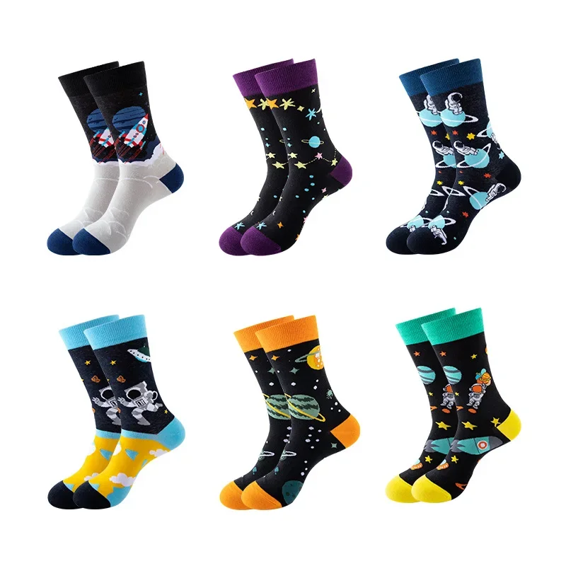 6 Pairs Unisex  Funny Socks Space Printi Cotton Midi Crew Socks Sports Football Socks for Women Men Boys Girls  Hip-hop