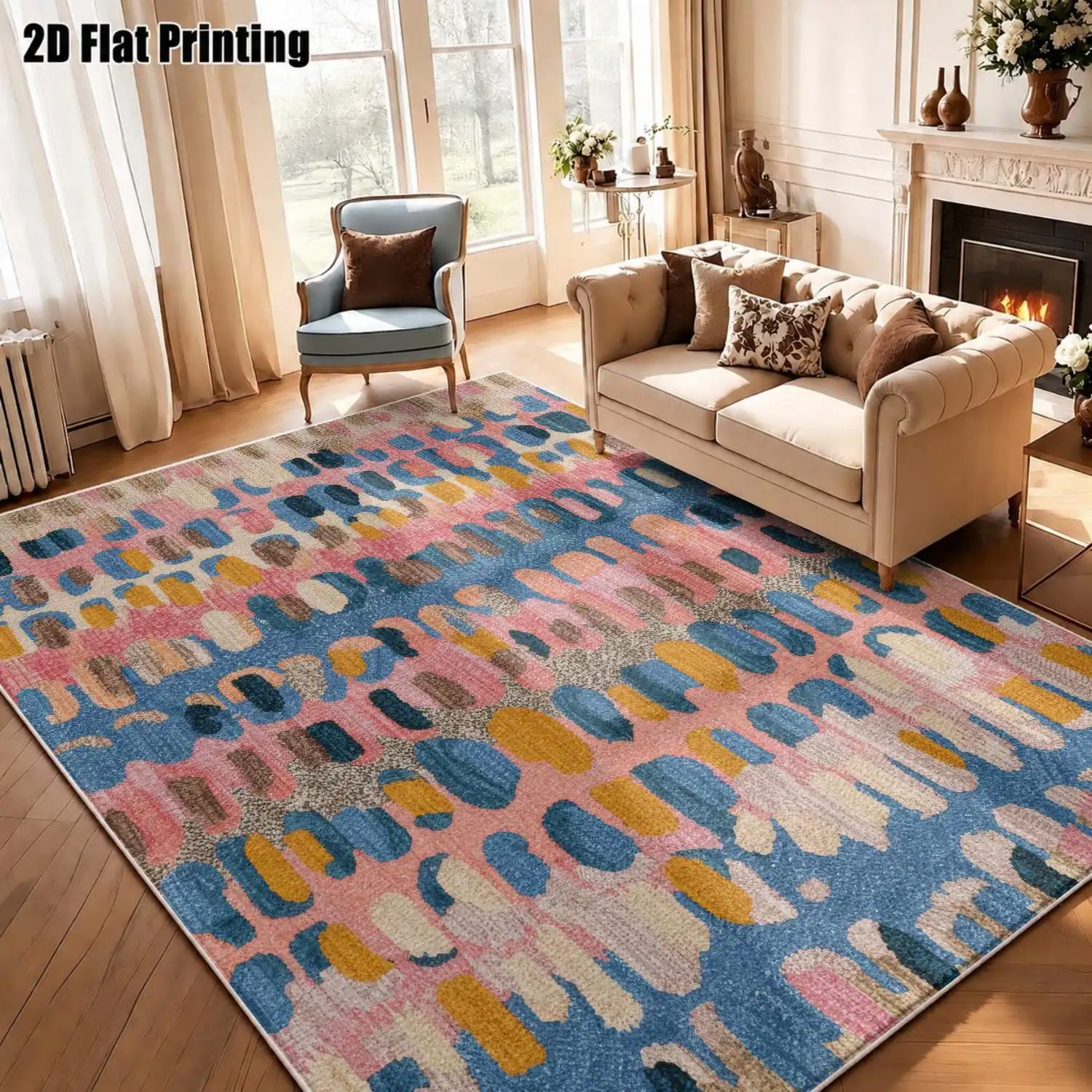 1Pc 2D Printed Carpet: Blue Pink Geometric Abstract, Nordic/Instagram/Modern Minimalist/European/Vintage Style, Multi-Size Machine Washable Home Decor Mat for Entryway, Dining Room, Foyer, Living Room, Bedroom