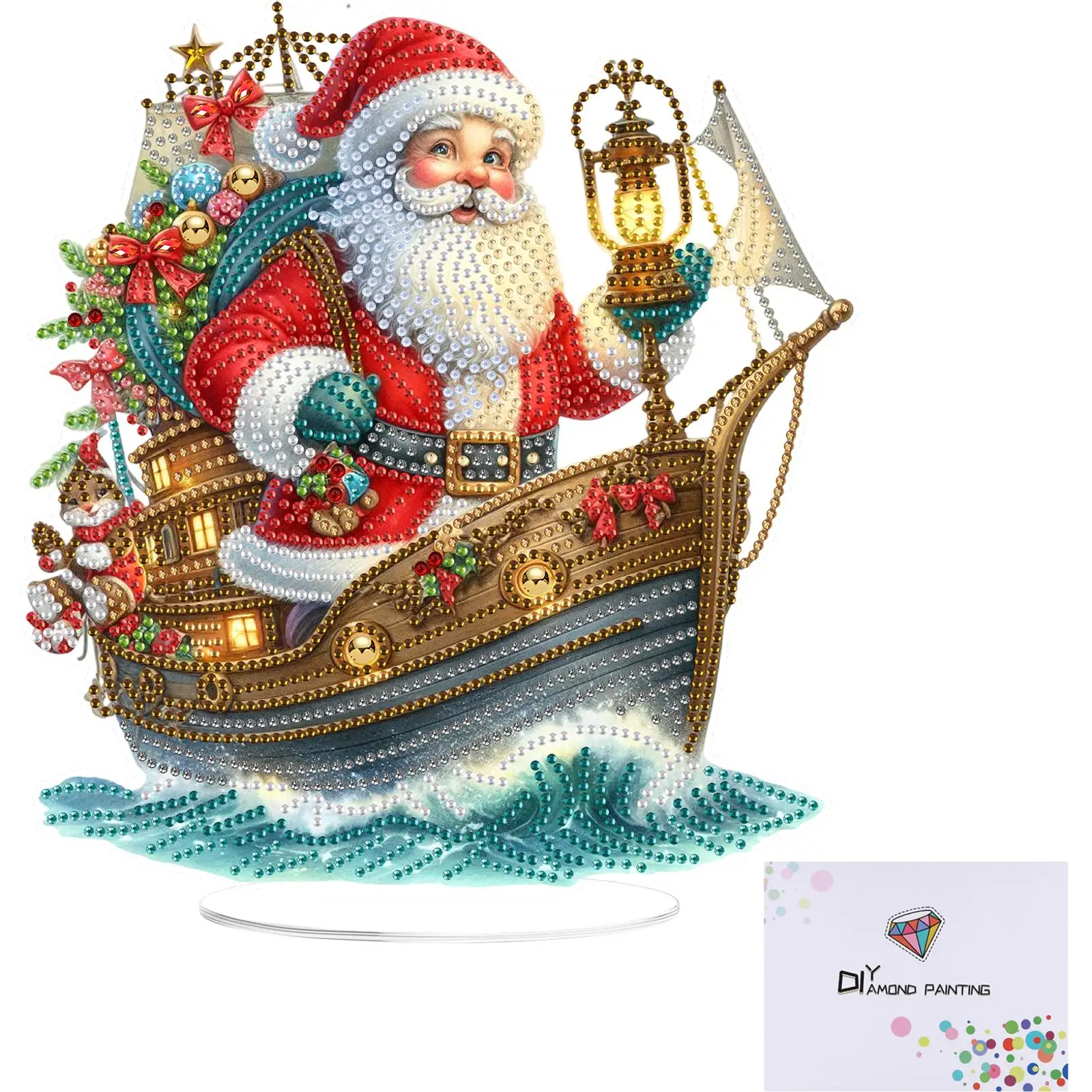 

2D Flat DIY Xmas Santa & Boat Acrylic Diamond Painting Tabletop Ornaments Kit