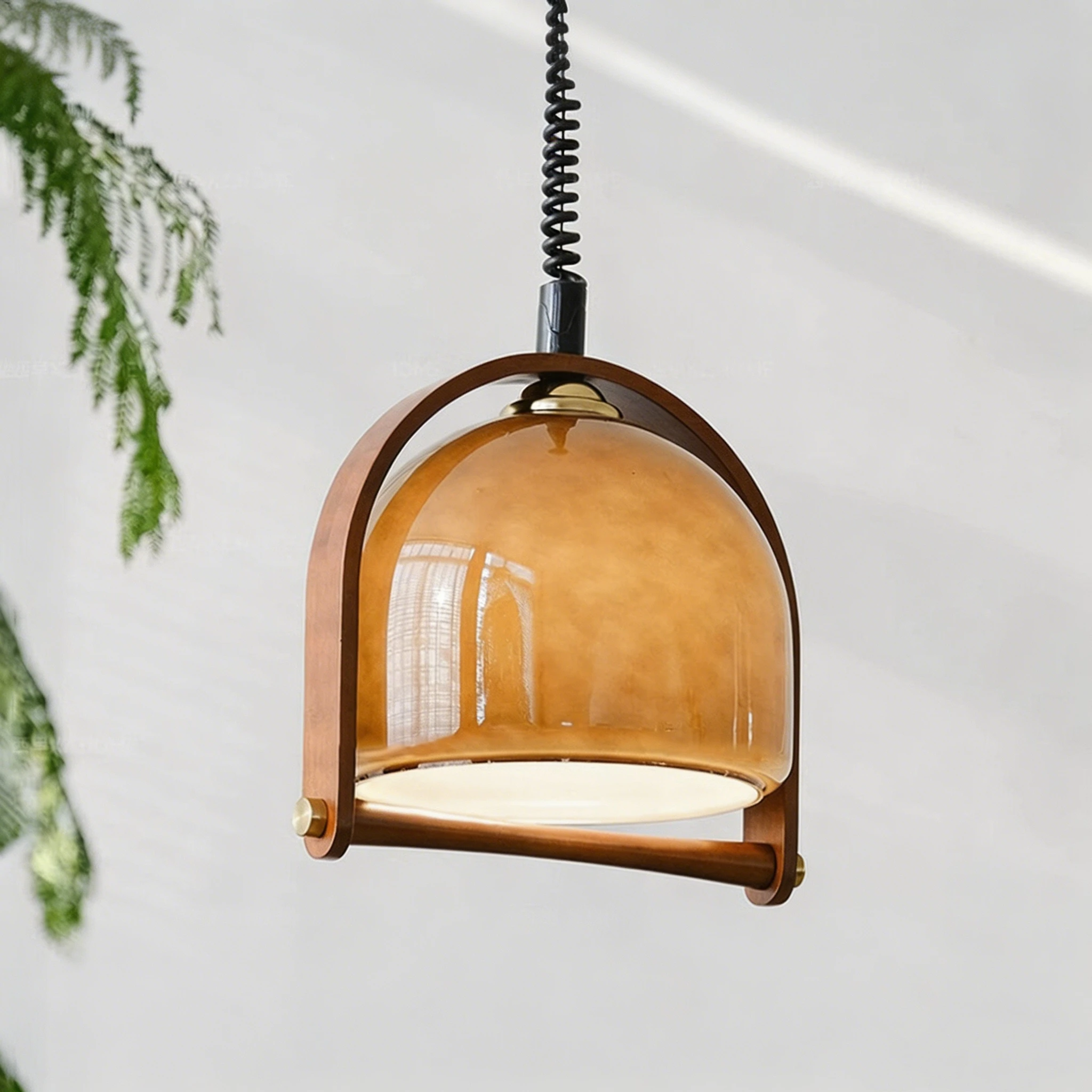 Sunset Glow Pendant Light Vintage Mid-Century Lamp Retractable Telephone Cord Adjustable Height, Walnut Wood Glass Hanging Light