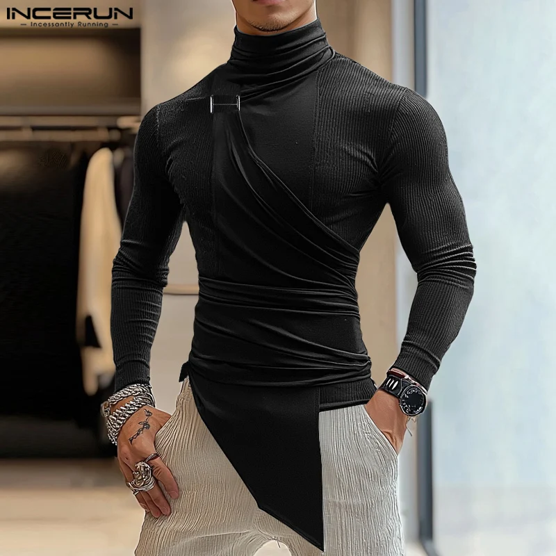 INCERUN Men Well Fitting Long Sleeved T-shirts 2024 Patchwork Deconstruction Metal Buckle Buttons Handsome Simple High Neck Tops