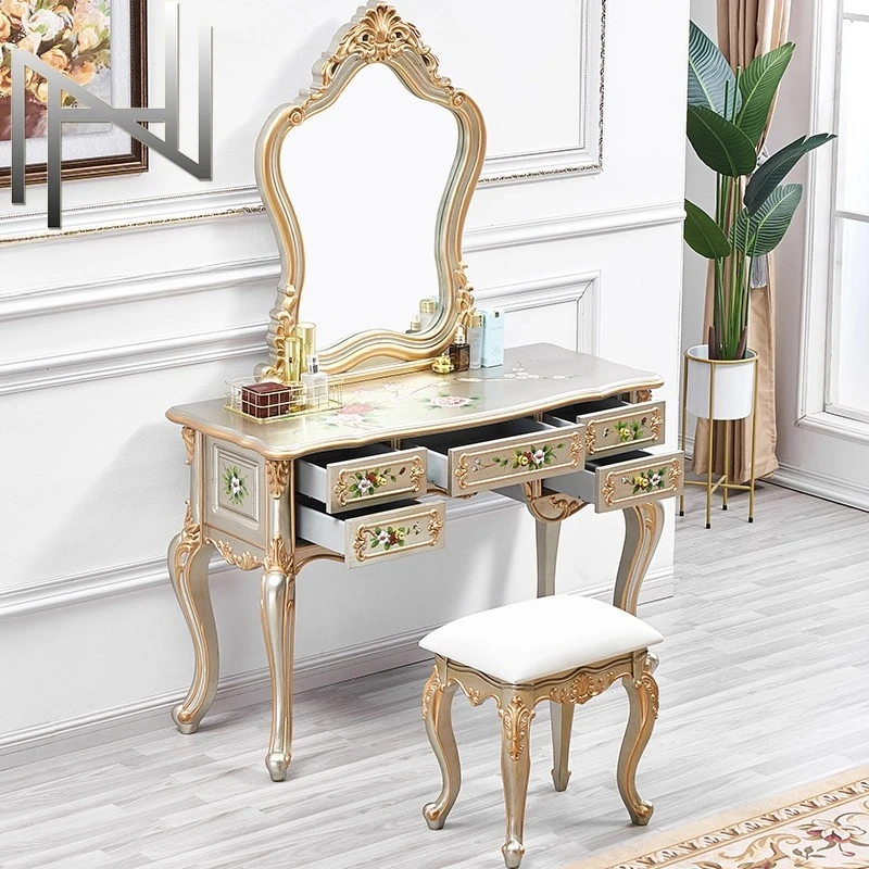 

Makeup vanity table mirror comfortable drawers Storage locker champagne gold dressing table penteadeira bedroom furniture