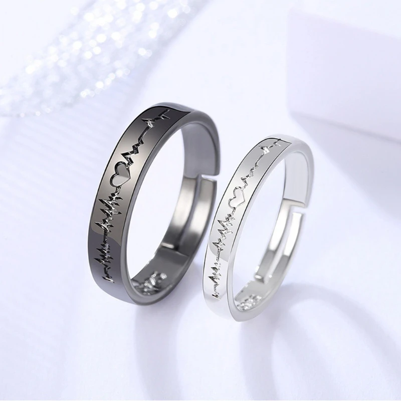 2Pcs Love Heart Electrocardiogram Couple Open Rings Adjustable For Women Men Lover Engagement Wedding Valentine'Day Gift