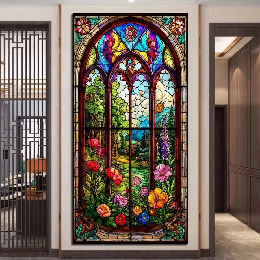 

Абстрактная мозаичная картина-вышивка с цветами из витражного стекла, большой размер, наборы для алмазной живописи DIY, пейзаж с окном