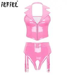 Womens Lingerie Set Wet Look Clubwear Halter Deep V Neck Front Zipper Vest with High Waist Open Crotch Garter Clips Underwear