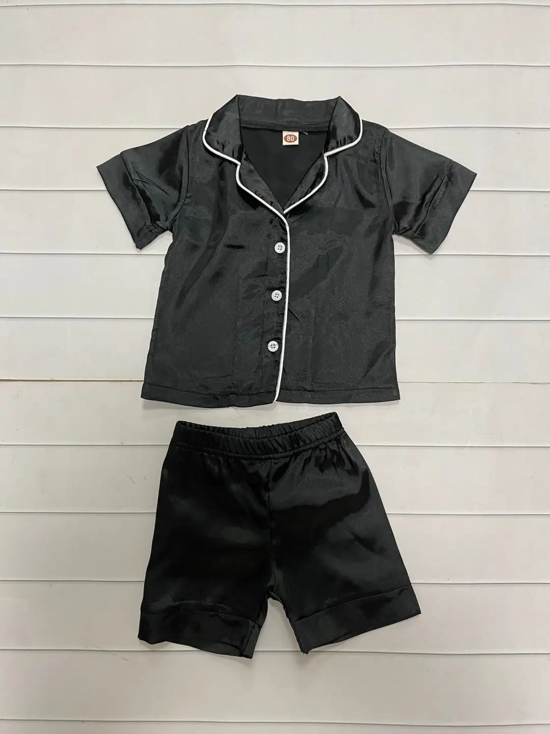 Toddler Baby Black Satin Pajamas Infant Boy Short Long Sleeve Short Long Pants Sleepwear Casual Button Two-pieces Set