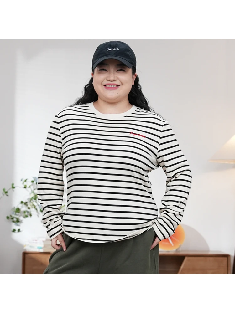 Camiseta de Mujer Fuyin Boche con Rayas Cuadradas, Cuello Redondo, Bordado, Estilo Casual, Corte Ajustado, Mezcla de Algodón y Poliéster