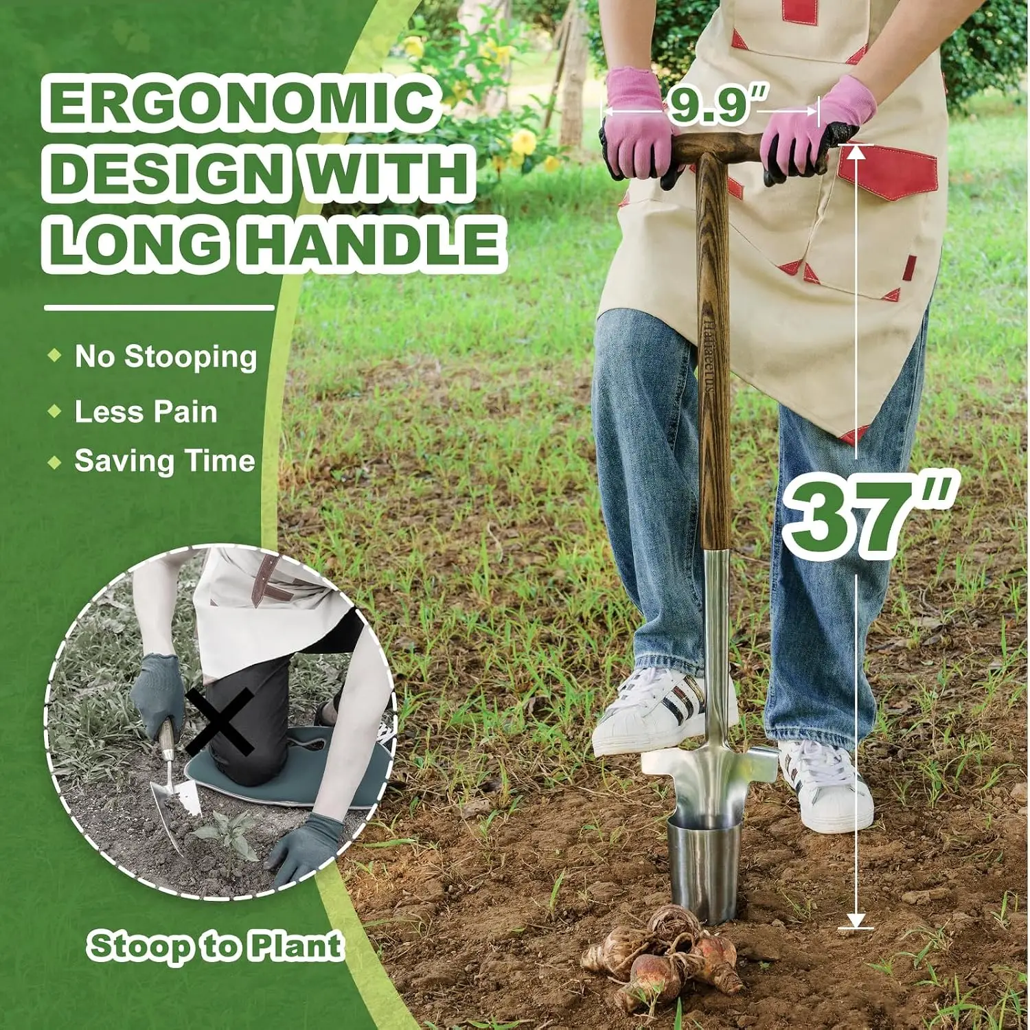 Long Handle Bulb Planter Tool, 37'' Stainless Steel Bulb Planter | 4'' Depth Marks Long Handled Hole Digger, Tulip Bulbs Planter with Comfortable T Shaped Long Wood Handle for Planting Tulips