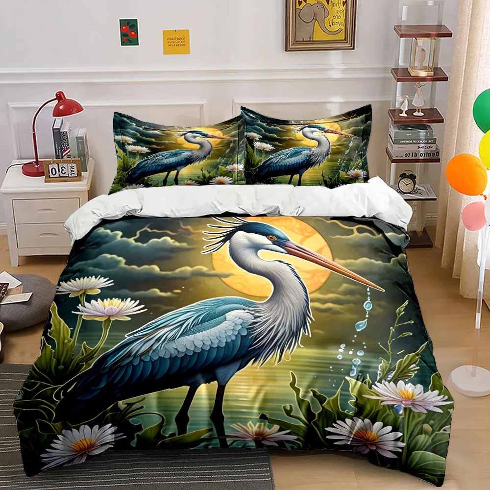 Graceful heron under moonlit flowers Bedding Set for Kids Luxury Gift 3pcs Digital Print Comforter Set Soft Comfortable