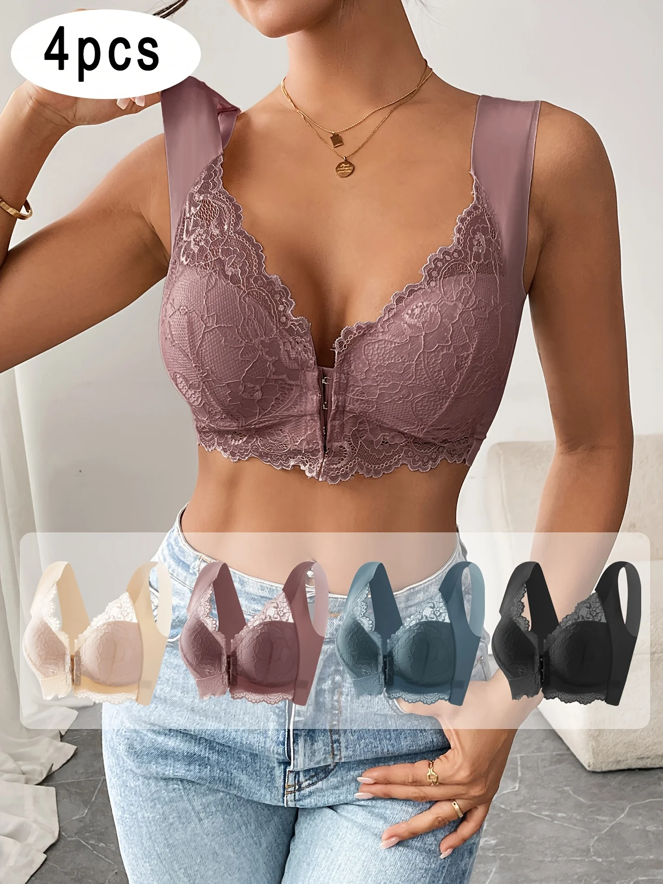 (مجموعة ألوان مختلطة مكونة من 4 قطع) حمالة صدر ناعمة ومريحة بزر أمامي مع دانتيل أنيق ولا حمالة صدر بدون أسلاك فولاذية