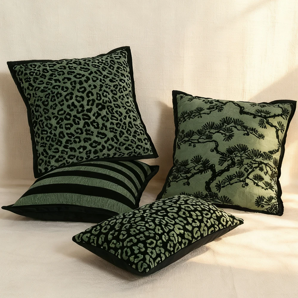 BUYNOW 1PC Green Leopard Bamboo Jacquard Cushion Cover Vintage Light Luxury Living Room Sofa Cushion Cover Home Bedroom Decor