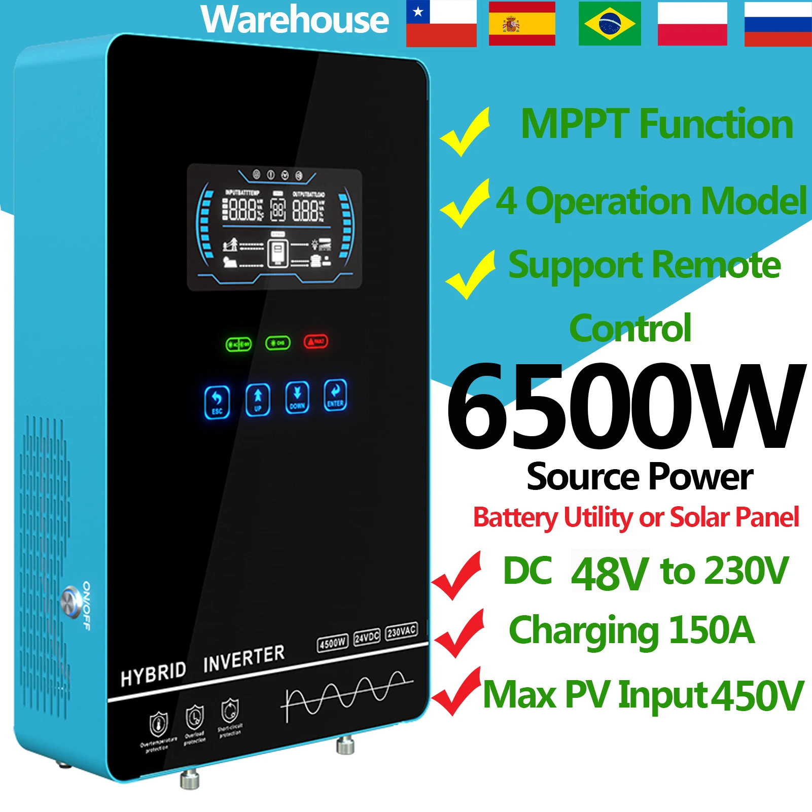 6500W Hybrid Solar Inverter 48V Battery On/Off Grid Inverter Work with/without battery Built in 150A MPPT Solar Controller