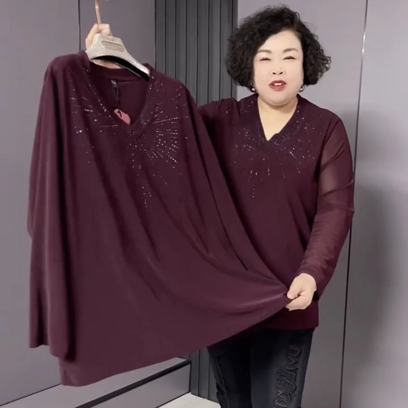 Women Elegant V Neck Rhinestone Long Sleeve Top Plus Size Slim Fit High Grade Basic T Shirt Blouse