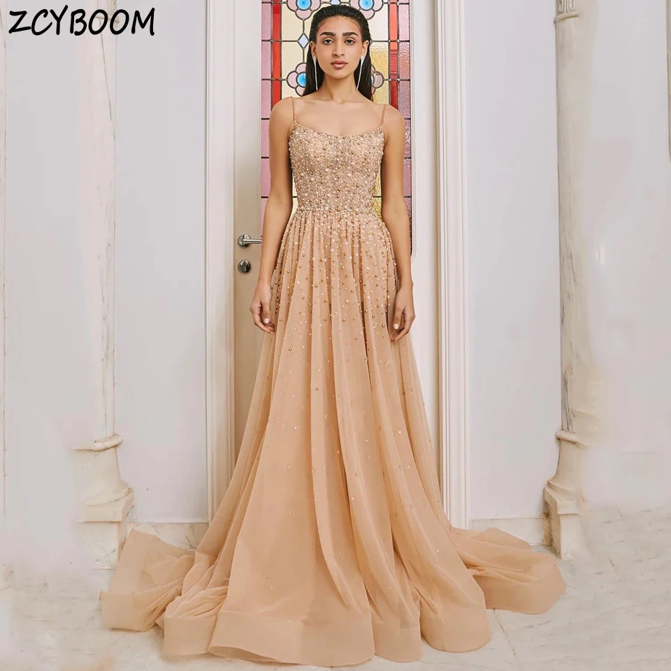 Charming Spaghetti Strap Pearls Rhinestone Evening Dress 2025 A-Line Floor Length Sweep Train Zipper Custom Made Prom Dress