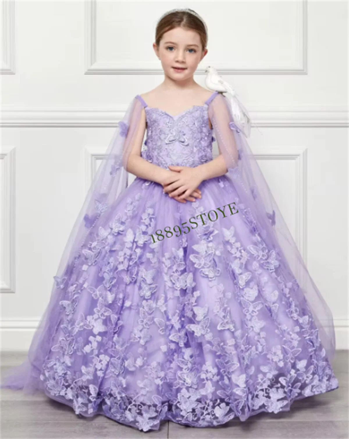 

CustomizedFlower Girl Dress Tulle Butterfly Applique Decoration Princess For Kids Birthday Gift Party First Communion Ball Gown