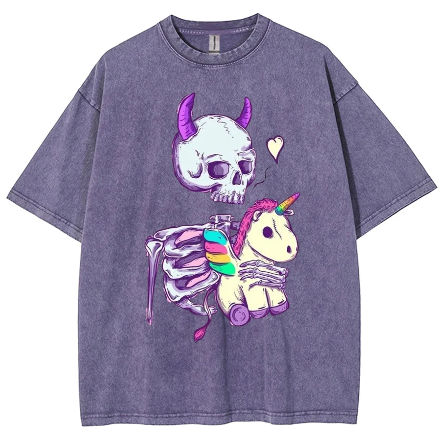 Purple Skull Hug Unicorn Print Women Washed T-Shirt Oversized Unisex Couple Half Sleeve Cute Vitality Funny Black Pink Top