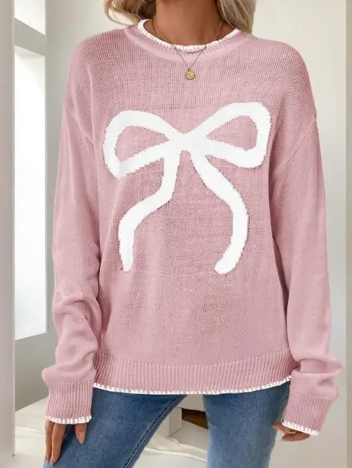 

Милый и девичий осенне-зимний универсальный жаккардовый свитер с цветными блоками и узлом-бабочкой для женщин, повседневный свободный свитер