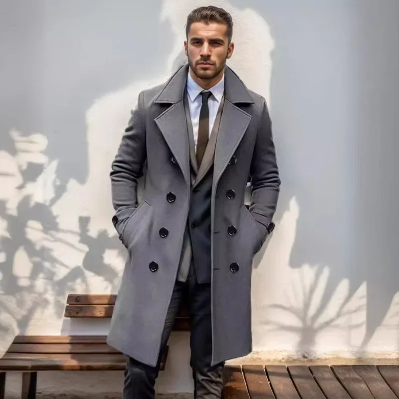 Luxury Tweed Coat Men Autumn Winter Overcoat Mid-length Windbreaker Double-breasted Slim Lapel Jacket Outerwear Men Clothing New