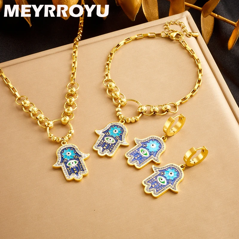 MEYRROYU 3pcs Hamasa Hand Enamel Pendant Jewelry Set Zircon Inlay Lucky Hand Charm Necklace Bracelet Earrings Set for Women