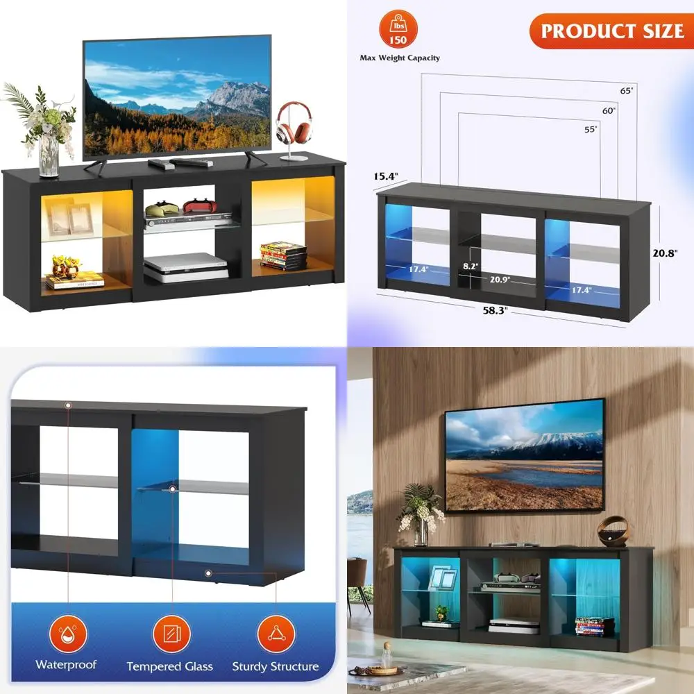 65 Inch LED TV Stand: Modern Entertainment Center with Adjustable Glass Shelves and Customizable LED Lighting, Sturdy Media Stor