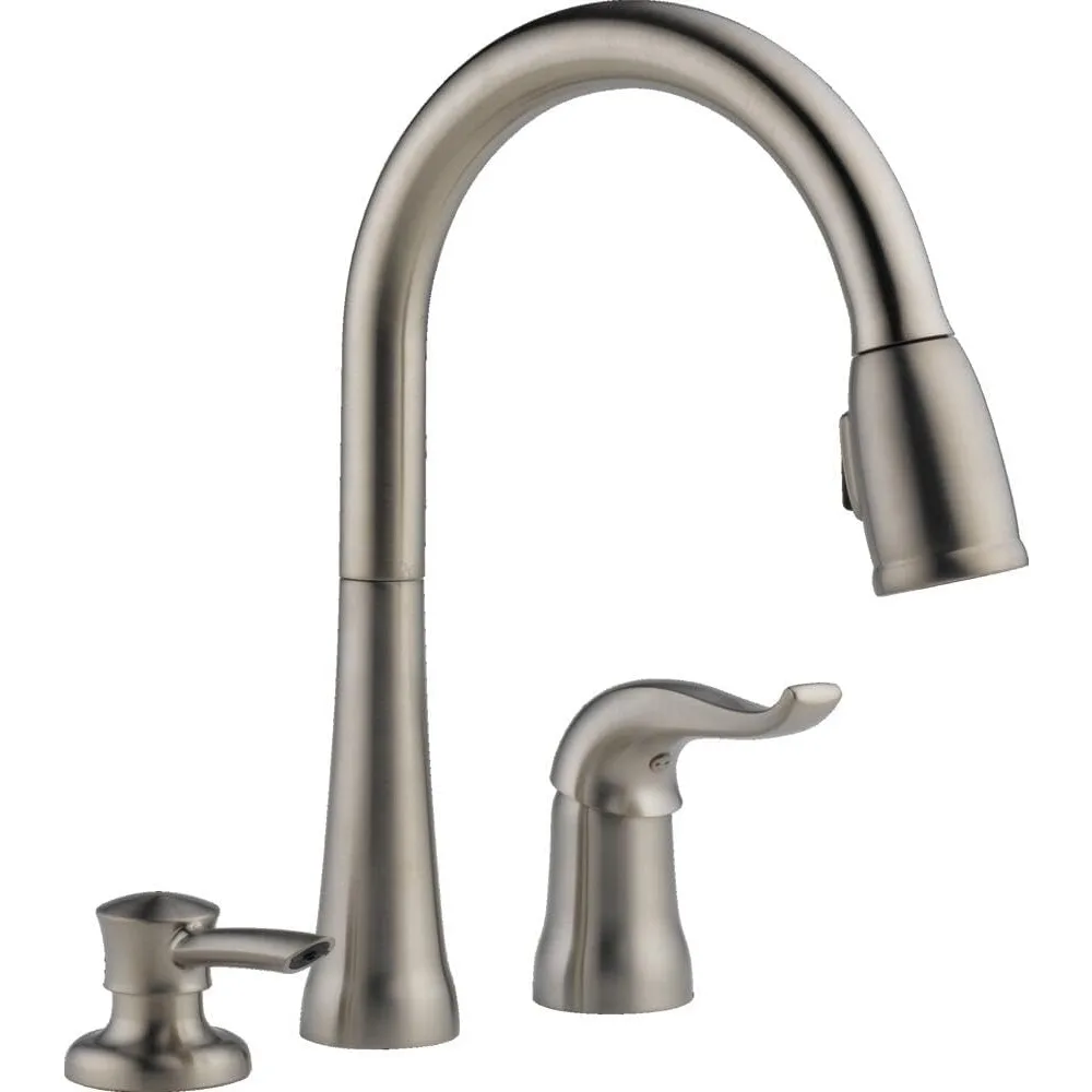 

Modern Brushed Nickel Kitchen Faucet with Pull-Down Spray and Soap Dispenser, Single Hole Sink Fixture