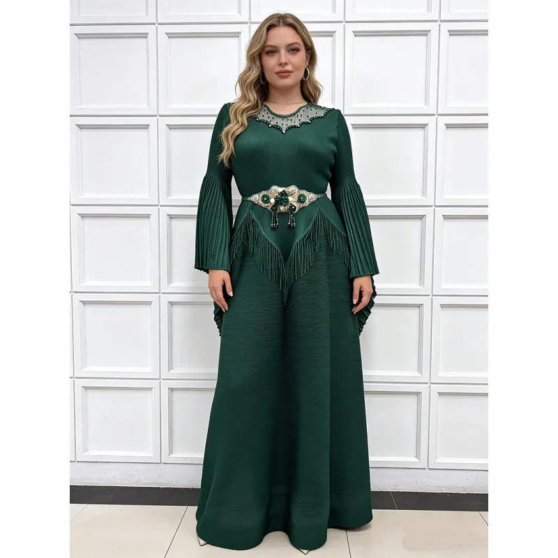 

Miyake Pleated Women's Casual Dress 2026 New Loose Large Size Round Neck Bell Sleeves Beaded Tassel Palace Style Dresses