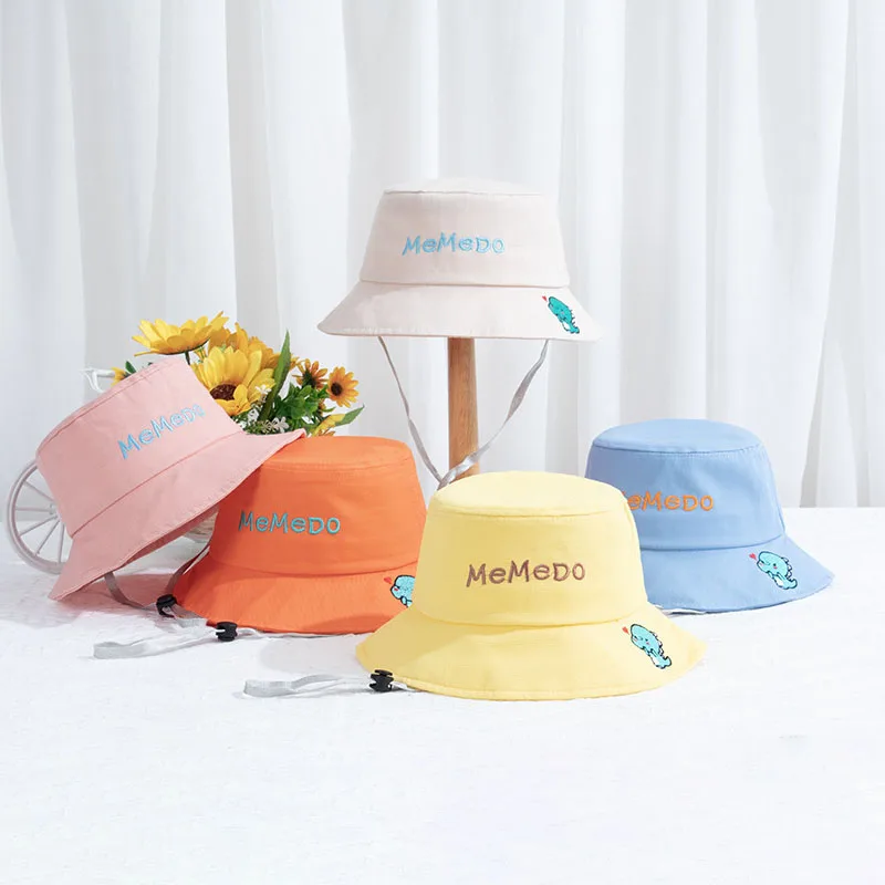 

Embroidery Letter Children Fisherman Hat Cute Cartoon Dinosaur Baby Basin Cap Solid Cotton Kids Bucket Caps Outdoor Sun Visors