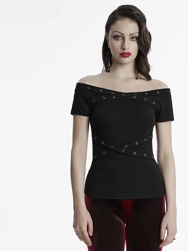 

Gothic Style Short Sleeve T-Shirt Women's Design Sensual Waist-Cinching Shoulder Baring Base Shirt Vintage Rivet Pure Color