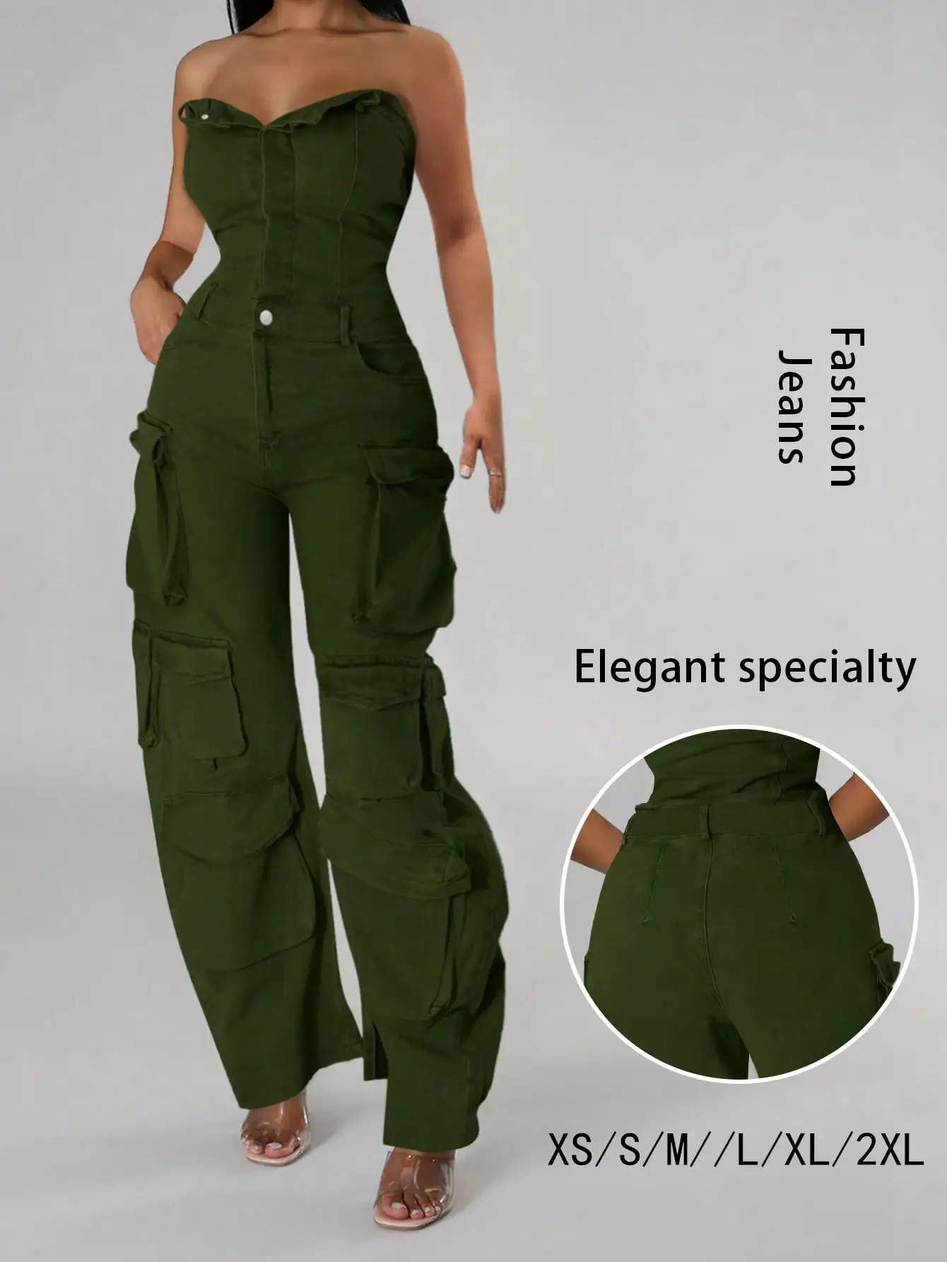 

Женский комбинезон цвета оливы, джинсовый, с высокой талией, широкими штанинами и множеством карманов, в повседневном уличном стиле