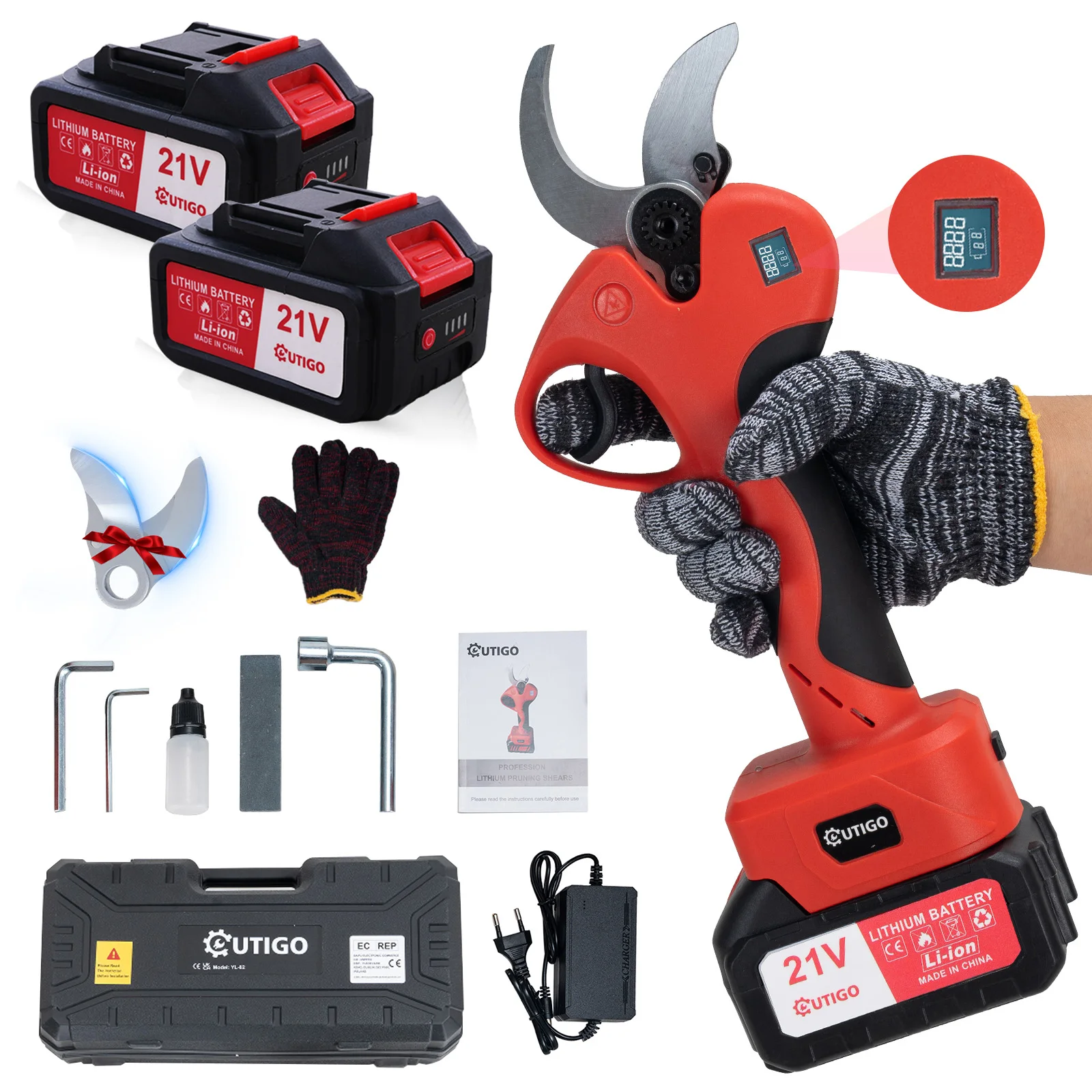 OUTIGO Sécateur Électrique Sans fil, 40mm, avec Écran avec 2*3Ah Batteries  pour les arbres fruitiers et le vignoble