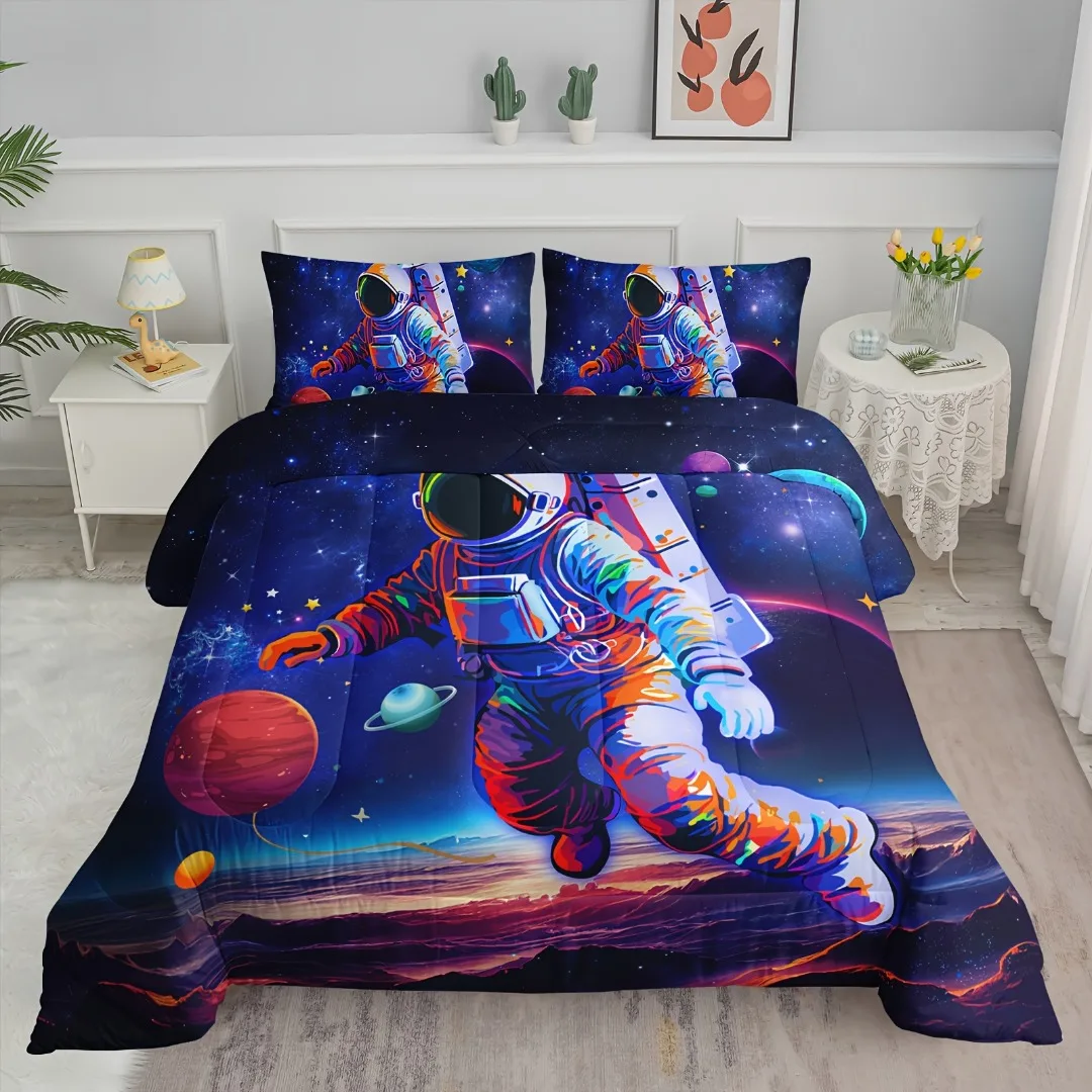 3Pcs Astronaut Comforter Set, Space Bedding Set Twin, Outer Space Astronaut Comforter Set, Galaxy Astronaut Space Bedding