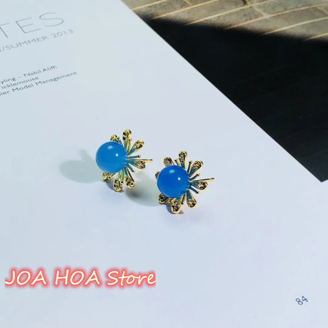 Sunflower Style High Quality Ear Studs 925 Silver With Gold Plated Inlay Natural Chalcedony Agate Jade Earrings Fine Jewelry