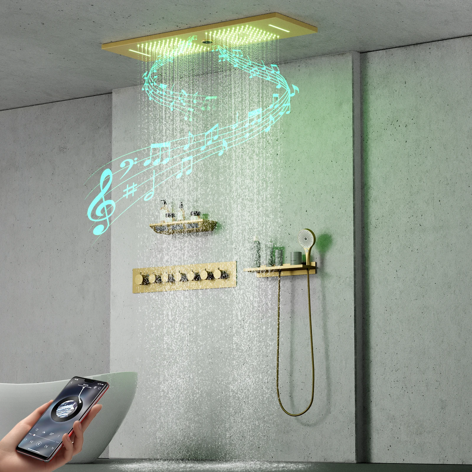 Bathroom 36*12inch LED Big Ceiling Shower Head Brushed Gold Shower System Thermostatic Shower Faucet Set With Music Speakers