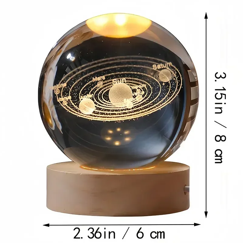 Sfera di cristallo 3D da 6 cm Sfera di vetro Pianeta Terra Base in legno Sistema solare Galassia Astronomia Regalo di compleanno Decorazione del