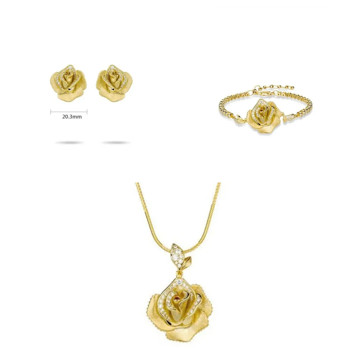 ZOCA 925 Sterling Silver Gold Color Rose Flower Earring Bracelet Necklace Set Jewelry Trio for Women