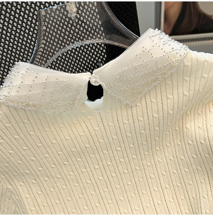 Summer Luxury Design Beading Peter Pan Collar Short Sleeve Knit Sweater Korean Women Fashion Thin Casual Knitwear Pullover Top